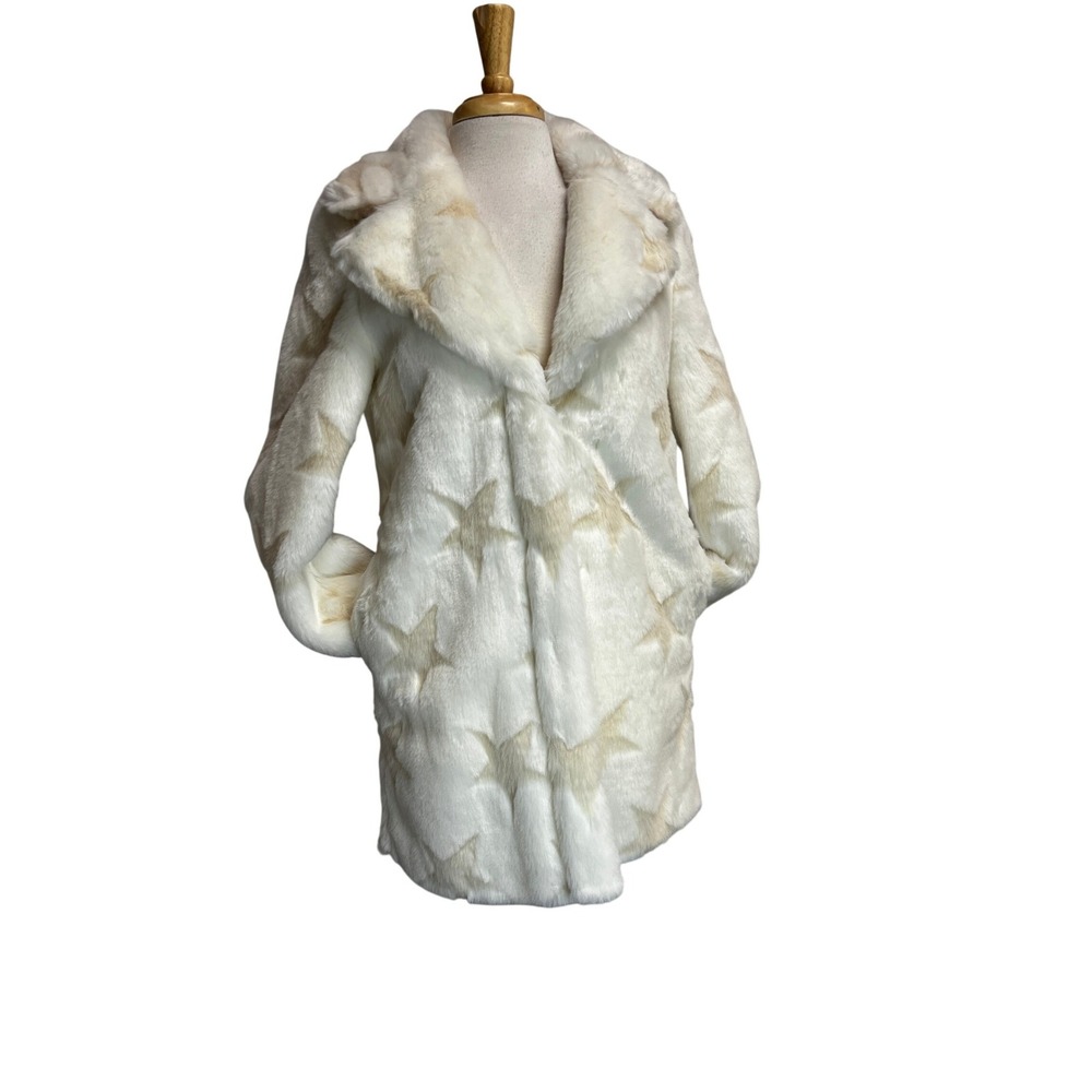 NBD Tularosa Star Faux Fur Coat Womens M Cream Beige Excellent Mid-Length Jacket